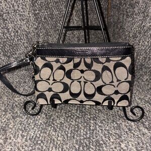Coach Black and Tan Signature Canvas Wristlet